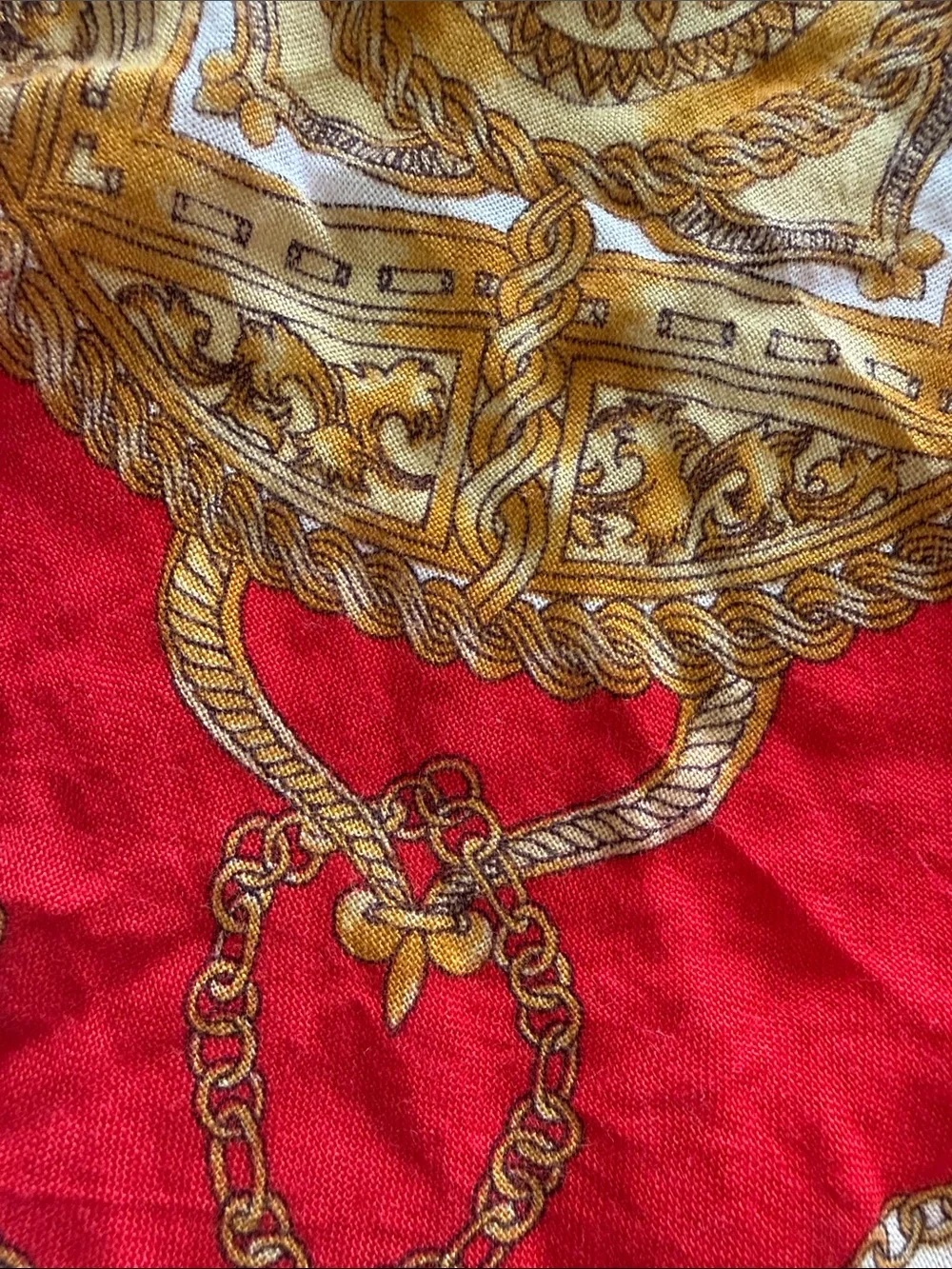 Red & Cream Vintage-Inspired Scarf with Gold Equestrian Motifs and scrolls